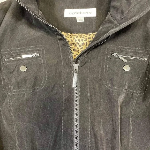 Liz Claiborne Womens Black Anorak Jacket Leopard Lining XL Drawstring Waist - Picture 5 of 12